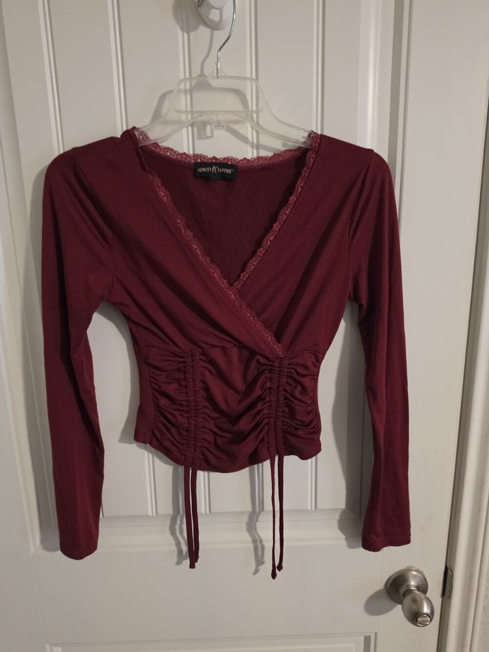 Almost Famous Womens S Burgundy Ruched Lace Trim Top Y2K Long Sleeve Drawstring